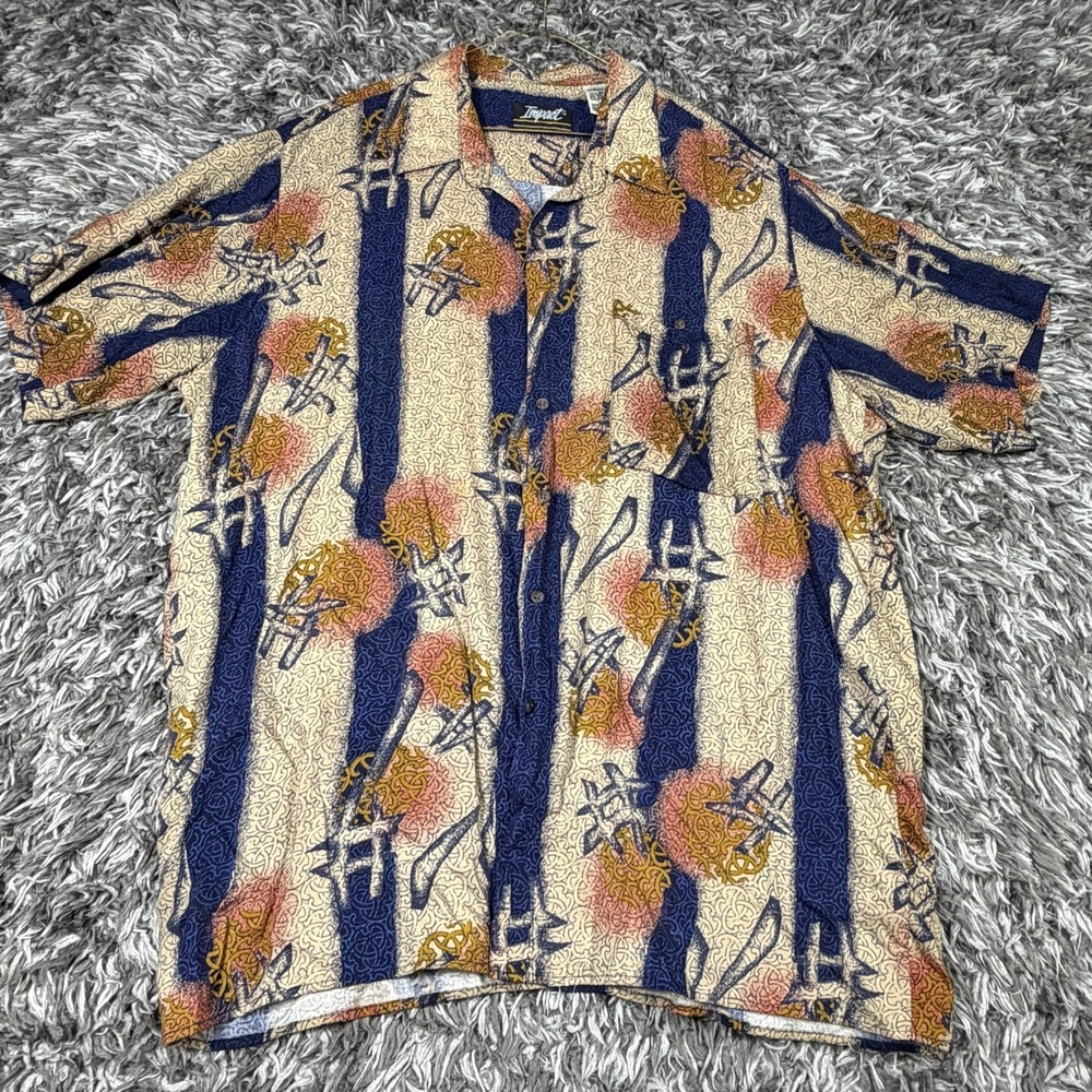 Impact Mens XL Vintage 90s Rayon Abstract Geometric Stripe Short Sleeve Shirt